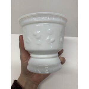 Vtg White Milk Glass Compote/Planter • Heart Ivy Detail •‎ Blue Opaline Trim 4"H